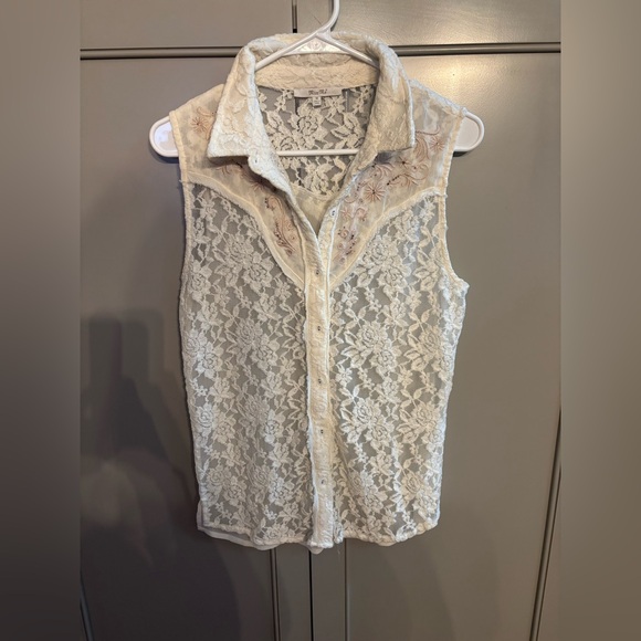 Miss Me Tops - Miss Me Lace Sleeveless Button-Front Top - Cream M